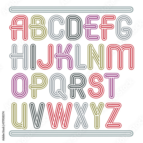 Vector capital modern alphabet letters set. Trendy font, script from a to z can be used in art  poster creation. Made with geometric parallel triple lines.
