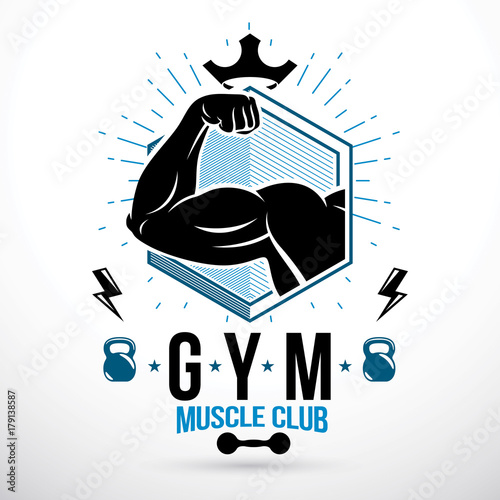 Graphic vector sign created with strong athlete biceps arm, royal crown and kettle bell sport equipment. Gym weightlifting and fitness sport club emblem