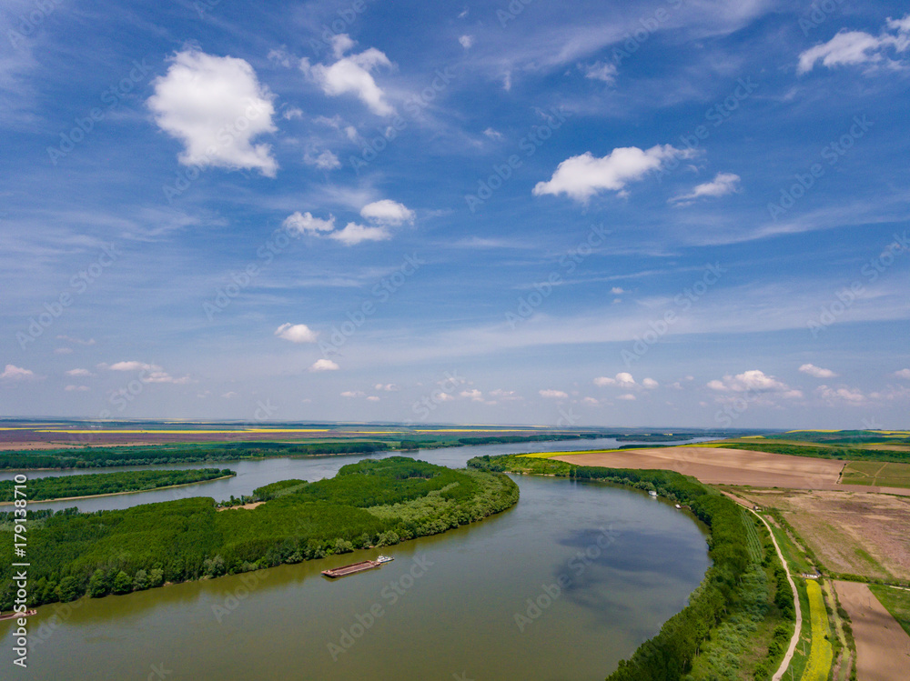 Danube River in Dobrogea, Romania aerial view from a drone Danube River in Dobrogea, Romania aerial view from a drone