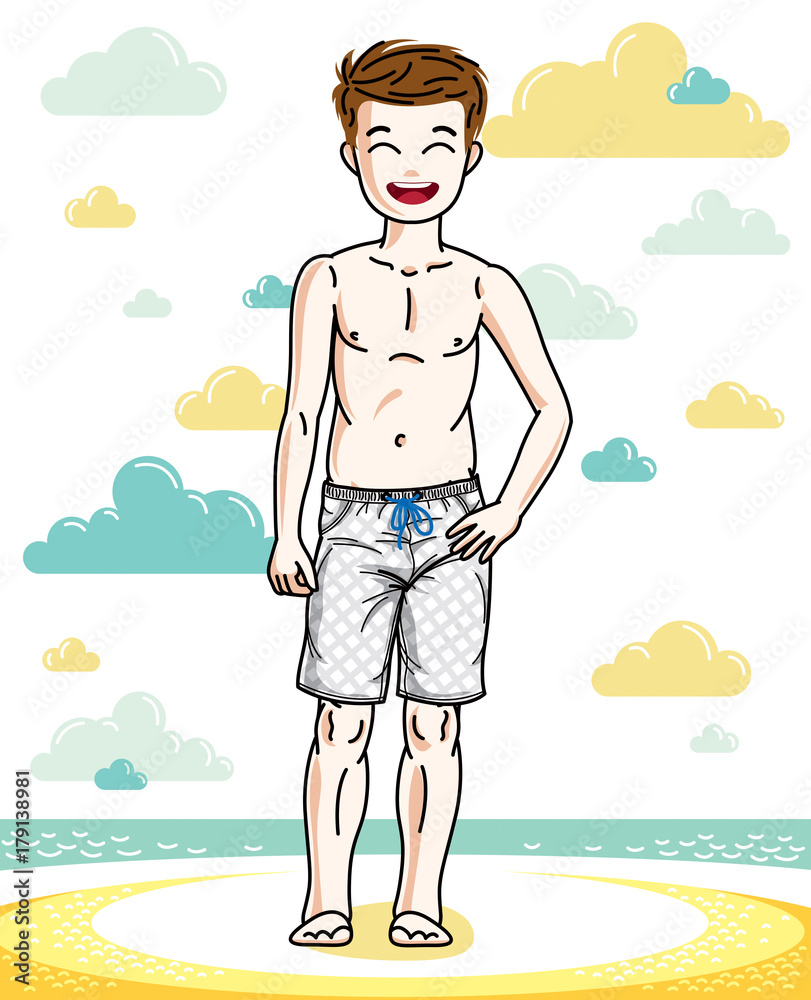 Beautiful nice young teenager boy posing wearing fashionable beach shorts. Vector pretty nice human illustration. Childhood lifestyle clip art.