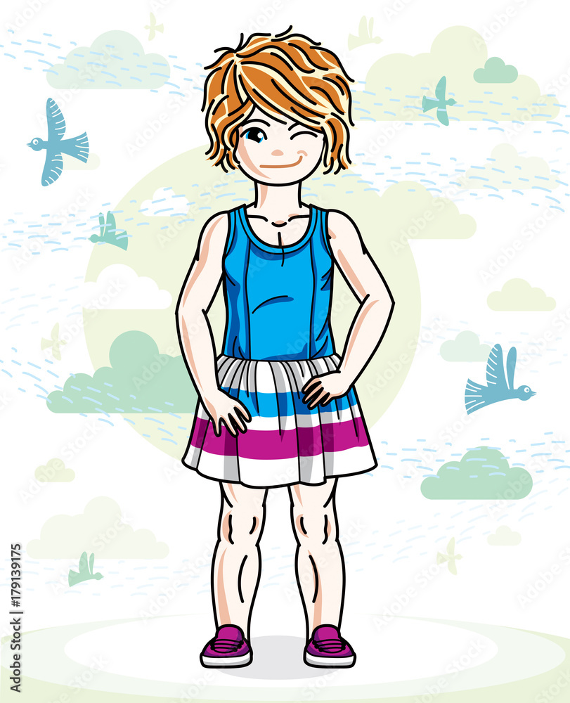 Little red-haired cute girl toddler in casual clothes standing on nature backdrop with birds and clouds. Vector illustration of pretty child. Little red-haired cute girl toddler in casual clothes standing on nature backdrop with birds and clouds. Vector illustration of pretty child.