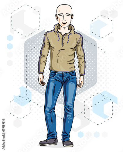 Handsome hairless young man standing. Vector illustration of man wearing stylish casual clothes.