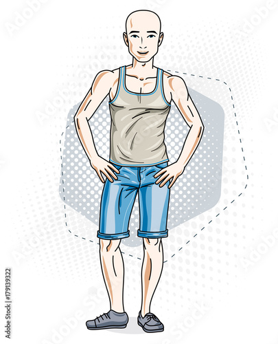 Handsome hairless young man poses on modern background. Vector illustration of male. Lifestyle theme clipart.