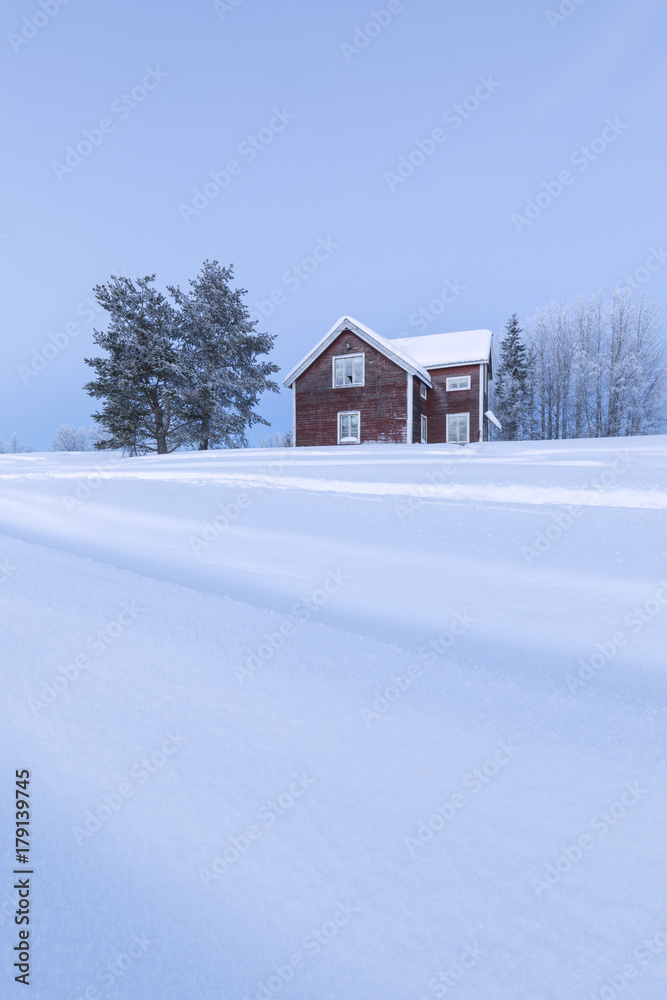 Wood house at dusk in the boreal forest (Taiga) covered with snow, Kiruna, Norrbotten County, Lapland, Sweden Wood house at dusk in the boreal forest (Taiga) covered with snow, Kiruna, Norrbotten County, Lapland, Sweden