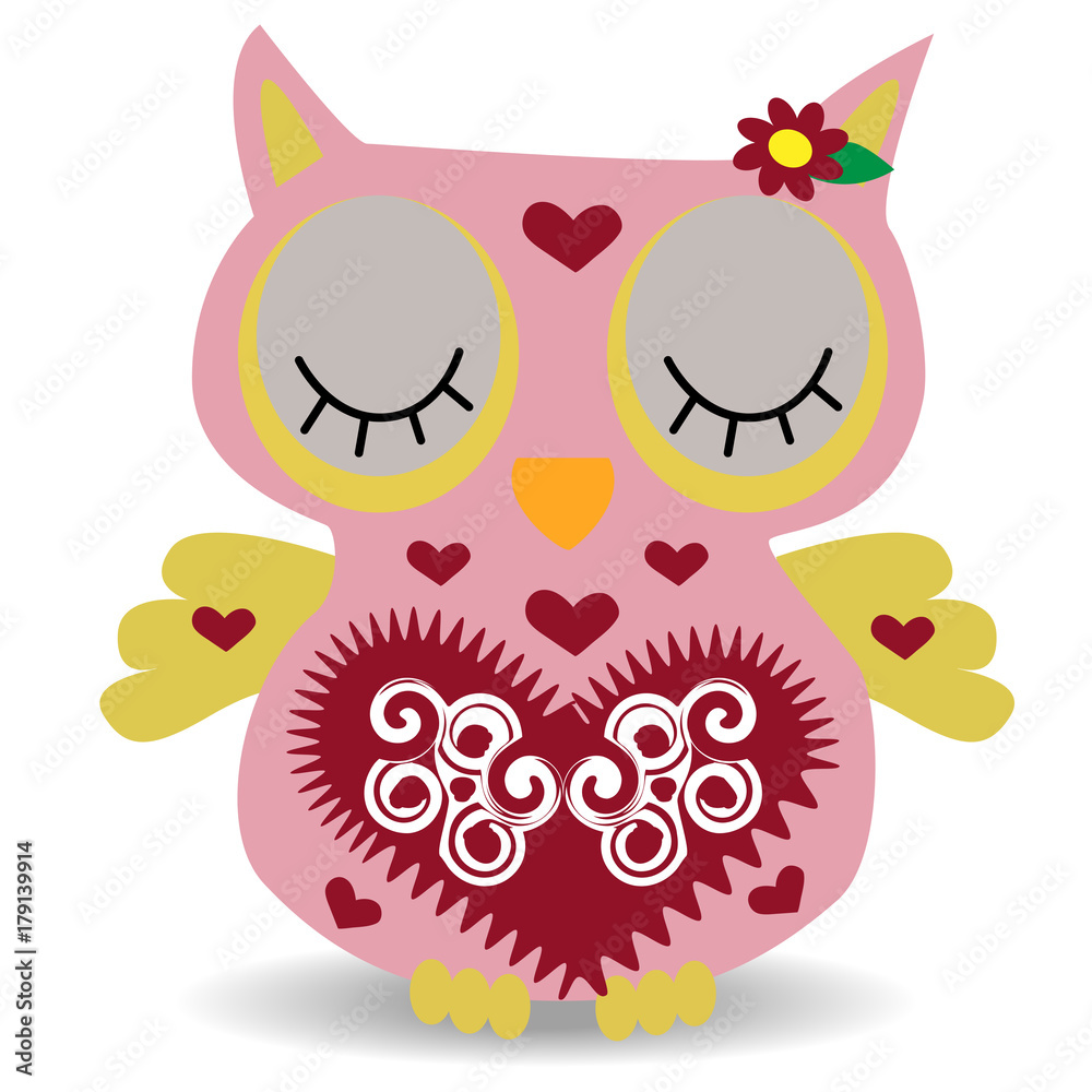 Nice pink smiling owl with a lilac flower on the ear and ornament on the heart and wings Nice pink smiling owl with a lilac flower on the ear and ornament on the heart and wings