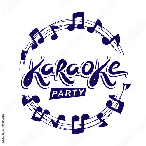 Musical karaoke performance flyer poster composed using circular decorative musical sheet with notes, karaoke party inscription. Musical festival concept.