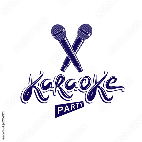 Karaoke party lettering, rap battle vector emblem created using two crossed microphones audio equipment.