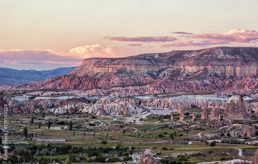 Colourful mountains at sunset in Cappadocia, Turkey.