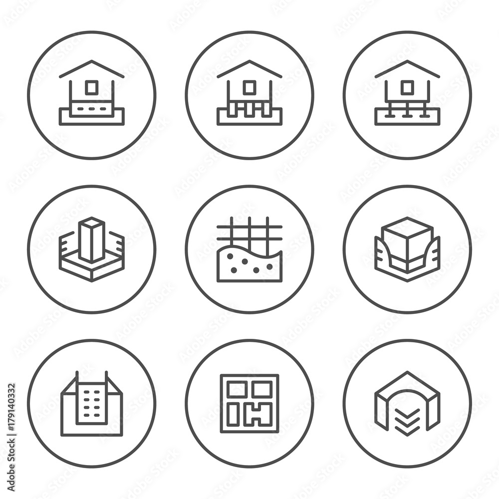 Set round line icons of house foundation Set round line icons of house foundation