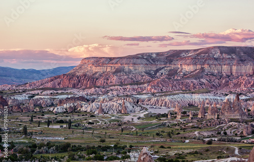 Colourful mountains at sunset in Cappadocia, Turkey.