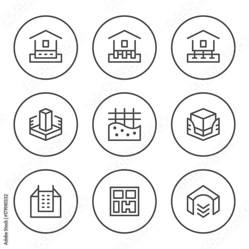 Set round line icons of house foundation