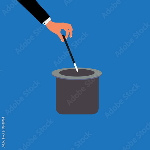 Magic Hat with Magic wand. Vector Magician perfomance. Wizzard illusionist show background.