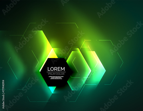 Digital techno abstract background, glowing hexagons