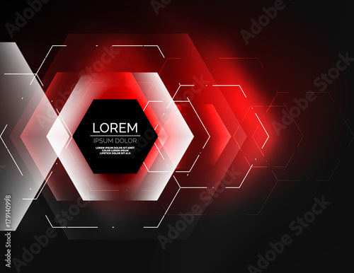 Digital techno abstract background, glowing hexagons