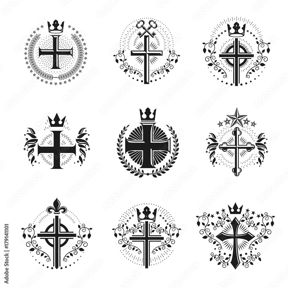 Christian Crosses emblems set. Heraldic Coat of Arms decorative logos isolated vector illustrations collection. Christian Crosses emblems set. Heraldic Coat of Arms decorative logos isolated vector illustrations collection.