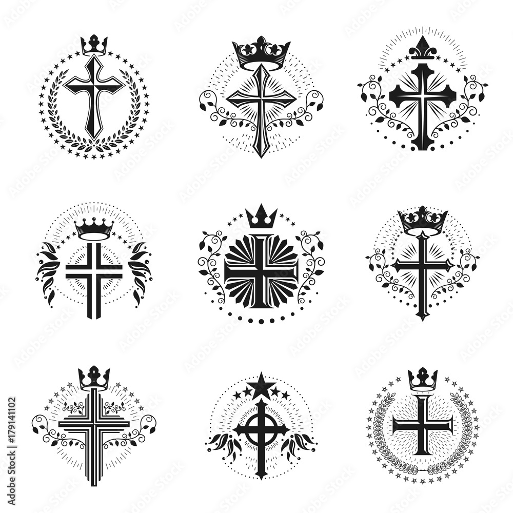 Christian Crosses emblems set. Heraldic Coat of Arms decorative logos isolated vector illustrations collection. Christian Crosses emblems set. Heraldic Coat of Arms decorative logos isolated vector illustrations collection.