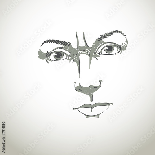 Monochrome hand-drawn portrait of white-skin doubtful woman, face features and emotions theme illustration. Angry lady with wrinkles on her forehead posing on white background.