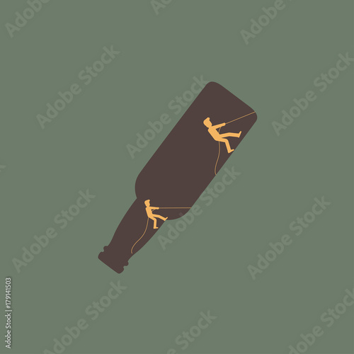 Young depressed and sad man chained and shackled to a big bottle of whiskey drink. Alcoholic addicted to alcohol hugging booze in arms. Flat style concept vector illustration isolated on white.