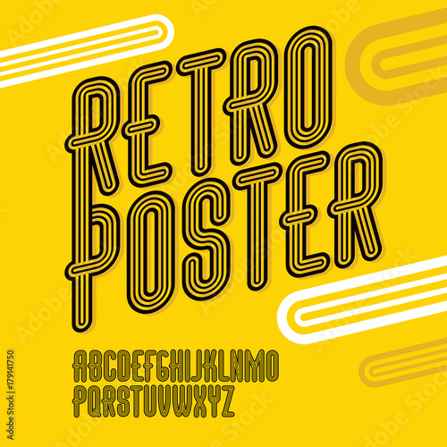 Vector trendy retro uppercase alphabet letters collection. Disco thin  narrow type font  script from a to z can be used for logo creation. Created using triple stripy  parallel lines.