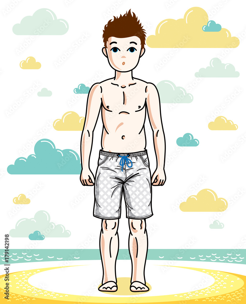 Young teen boy cute children standing wearing fashionable beach shorts. Vector beautiful human illustration. Childhood lifestyle clip art.