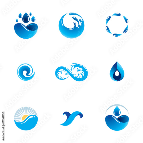 Sea wave splash vector logo. Pure water as the driving force for human activity theme. Environment protection concept.