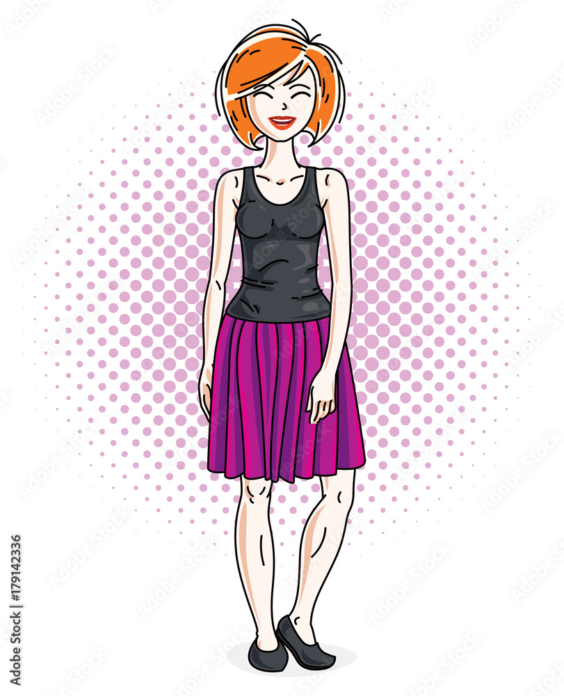 Attractive redhead woman posing on decorative backdrop with bubbles and circles and wearing casual clothes. Vector nice lady illustration. Attractive redhead woman posing on decorative backdrop with bubbles and circles and wearing casual clothes. Vector nice lady illustration.