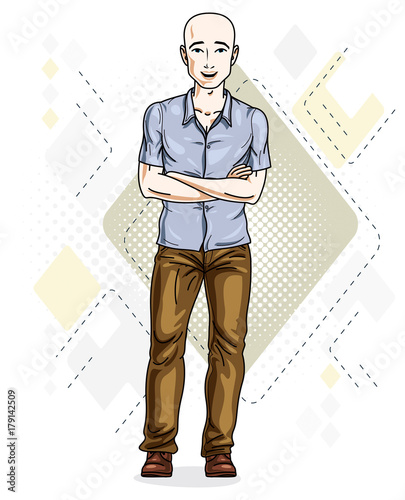 Happy bald young adult man standing. Vector character wearing casual clothes like jeans and cotton shirt.