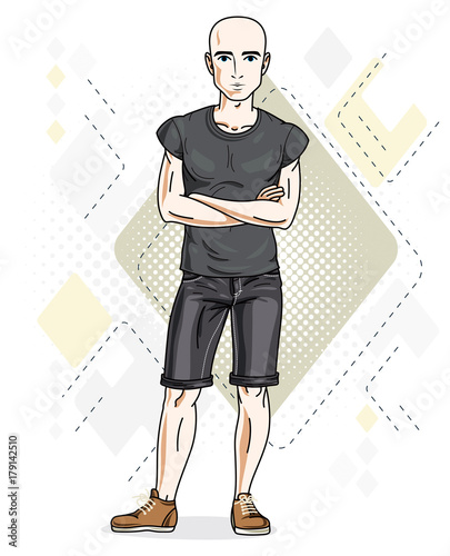 Handsome hairless young man poses on modern background. Vector illustration of male. Lifestyle theme clipart.