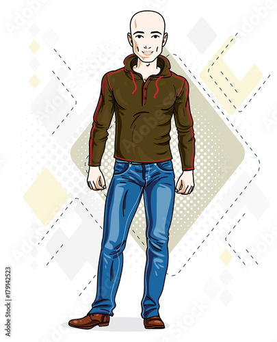 Handsome hairless young man poses on modern background. Vector illustration of male wearing jeans and pullover. Lifestyle theme clipart.