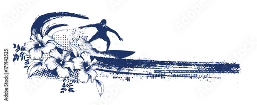grunge surf scene with surfer and hibiscus