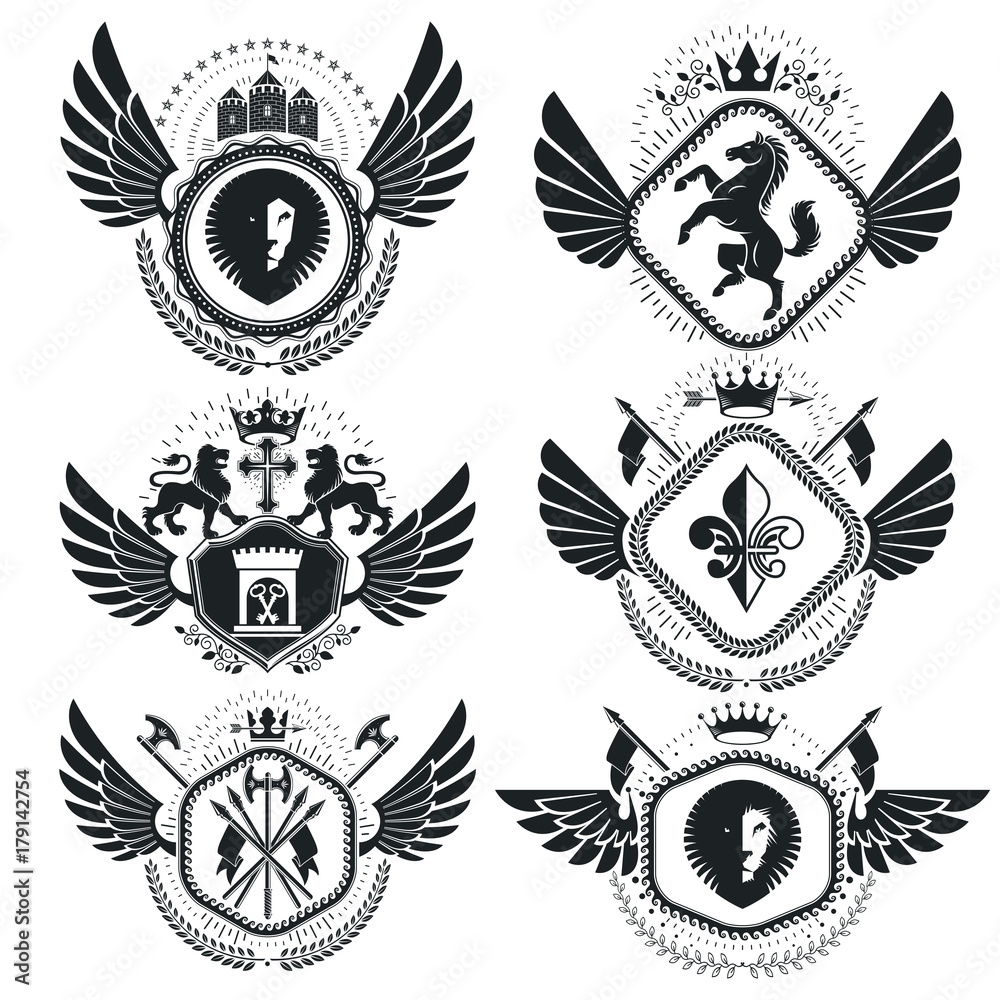 Heraldic emblems isolated vector illustrations. Collection of symbols in vintage style. Heraldic emblems isolated vector illustrations. Collection of symbols in vintage style.