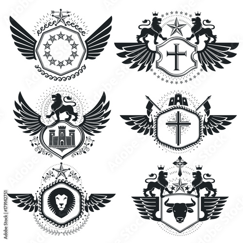 Heraldic emblems isolated vector illustrations. Collection of symbols in vintage style.