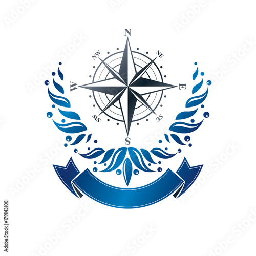 Navigation compass emblem, geography orientation theme. Heraldic vector design element, exploration symbol.  Retro style label, heraldry logo.