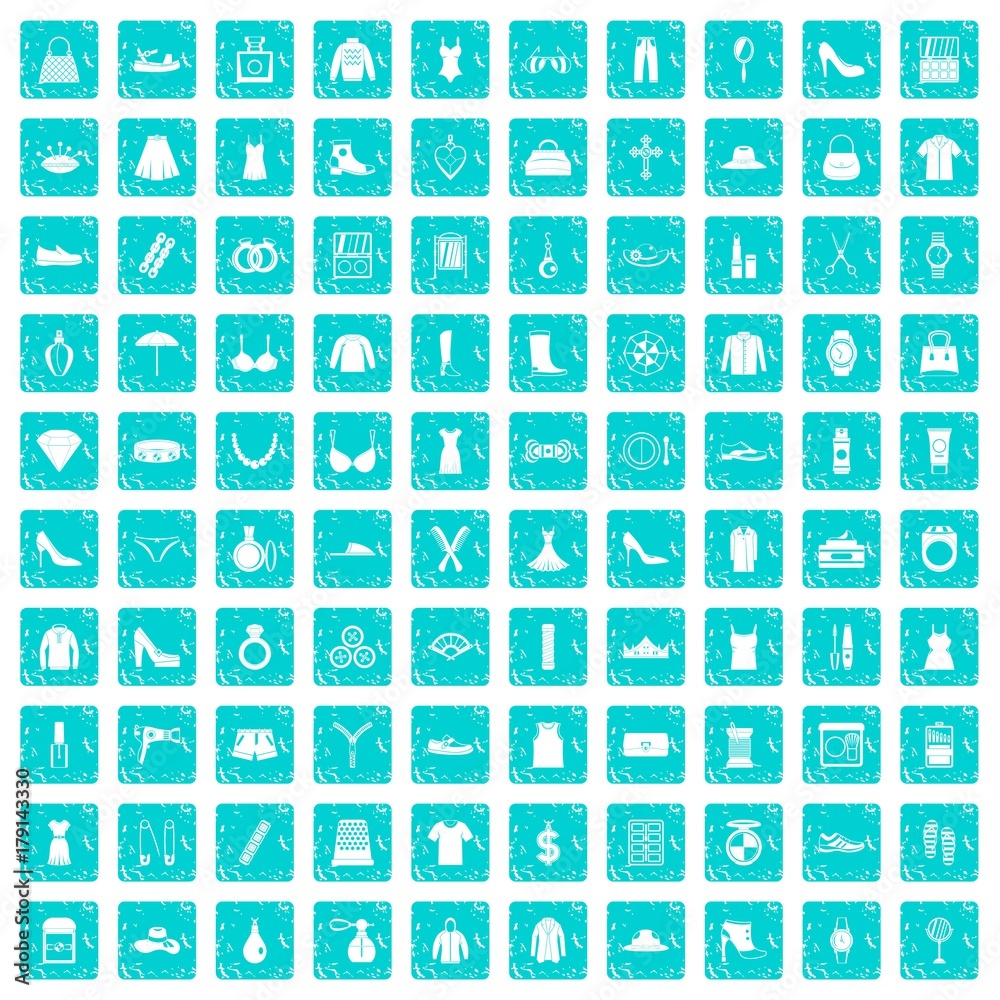 100 womens accessories icons set grunge blue 100 womens accessories icons set grunge blue
