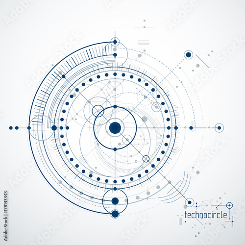 Engineering technological vector wallpaper made with circles and lines. Modern geometric composition can be used as template and layout. Abstract technical background.