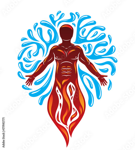 Vector illustration of human being standing, mythic ancient god. Prometheus surrounded by a water ball, water and fire diversity and harmony.