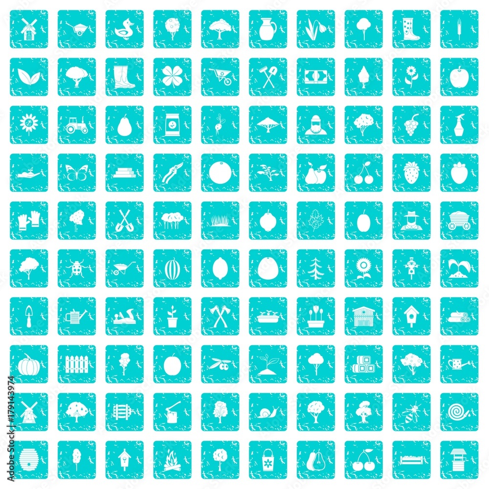100 agriculture icons set grunge blue