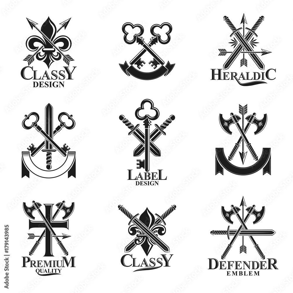 Vintage Weapon Emblems set. Vintage vector design elements collection. Retro style label, heraldry.