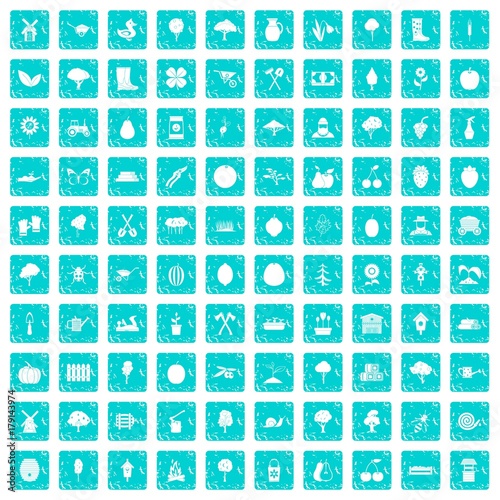 100 agriculture icons set grunge blue