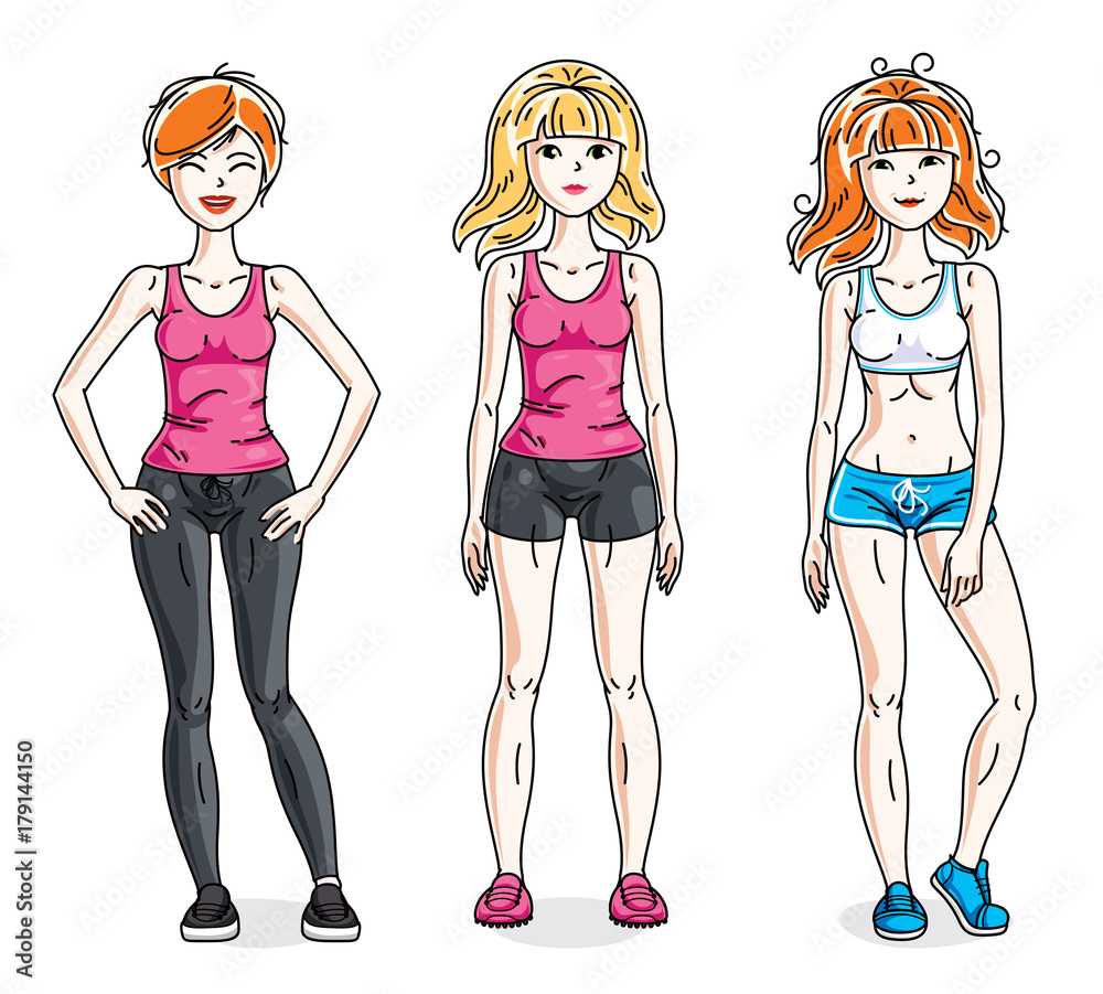 Attractive young women standing wearing stylish sport clothes. Vector people illustrations set. Attractive young women standing wearing stylish sport clothes. Vector people illustrations set.