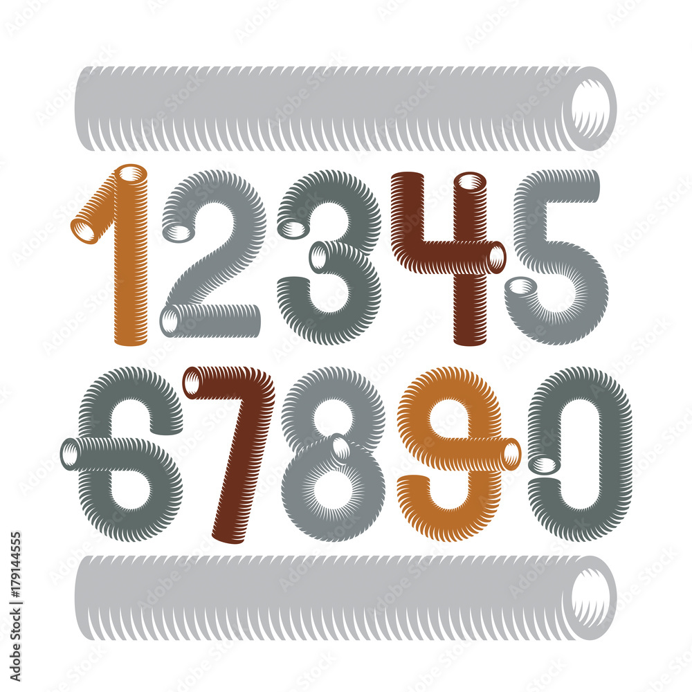 Trendy vector numerals collection. Modern funky numbers from 0 to 9 best for use in logo, poster creation. Created using dimensional vacuum pipe style.