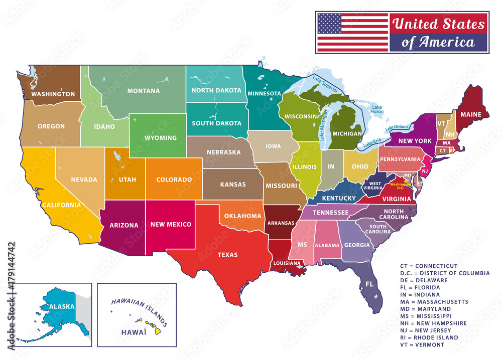 United States of America. Beautiful modern graphic USA map. 50 states. Alaska and Hawaï. - obrazy, fototapety, plakaty 