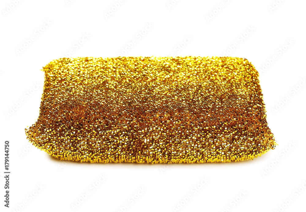 Fototapeta premium Golden steel scourer sponge isolated on white background
