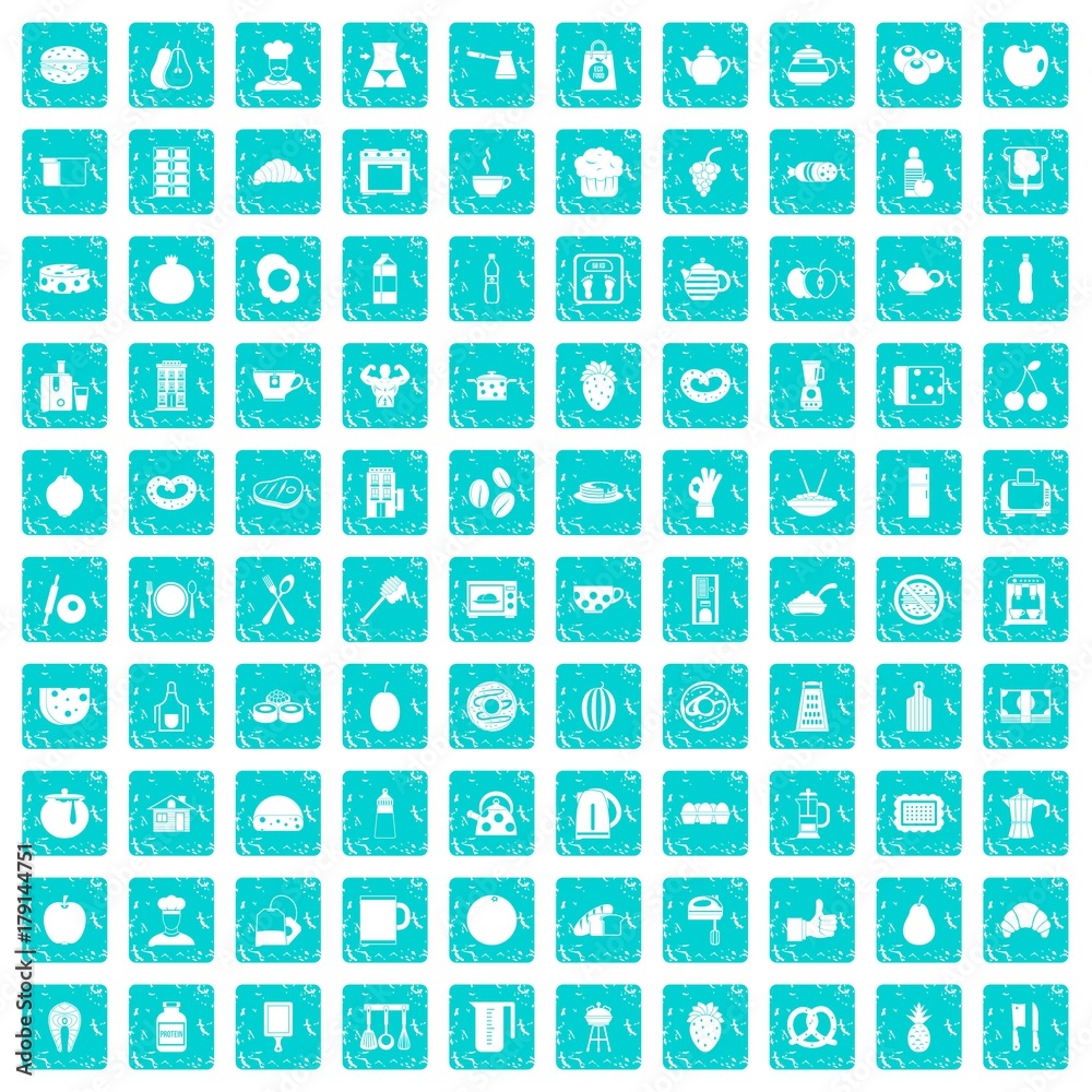 100 breakfast icons set grunge blue 100 breakfast icons set grunge blue