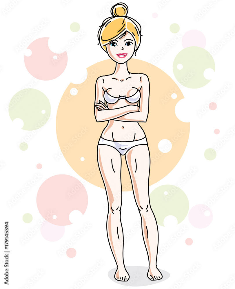 Beautiful young blonde woman standing in white bra and panties on colorful background with bubbles. Vector human illustration. Beautiful young blonde woman standing in white bra and panties on colorful background with bubbles. Vector human illustration.