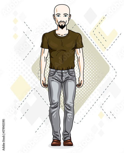 Handsome hairless young man poses on modern background. Vector illustration of male with beard and mustaches. Lifestyle theme clipart.