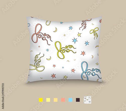 Pillow decorated pattern of bows, stars and moons. Seamless pattern of bows and stars, moons. Cartoon style.