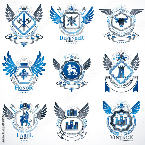 Collection of vector heraldic decorative coat of arms isolated on white and created using vintage design elements, monarch crowns, pentagonal stars, armory, wild animals.