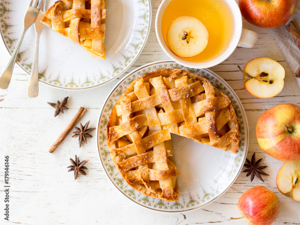 Apple pie pastry and hot tea in autumn season. Stock Photo | Adobe Stock