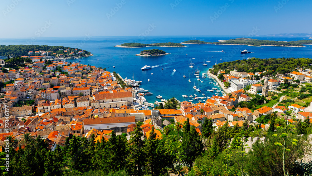 Panoramic view of harbor on island Hvar from fortress known as Fortica, Croatia